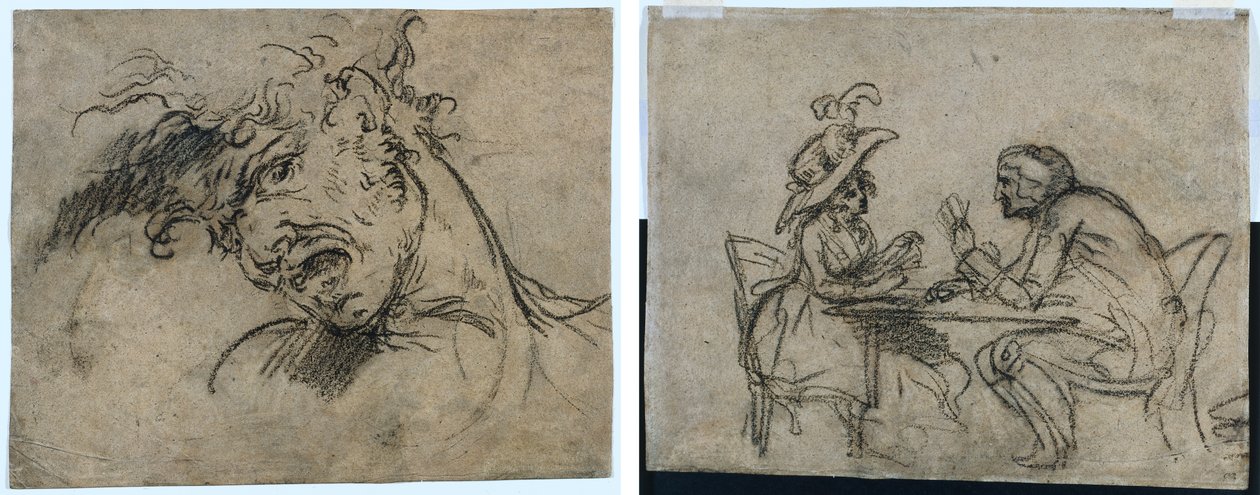 Leder for en skrikende mann (recto) kvinne og mann som spiller kort (verso) av Benjamin West