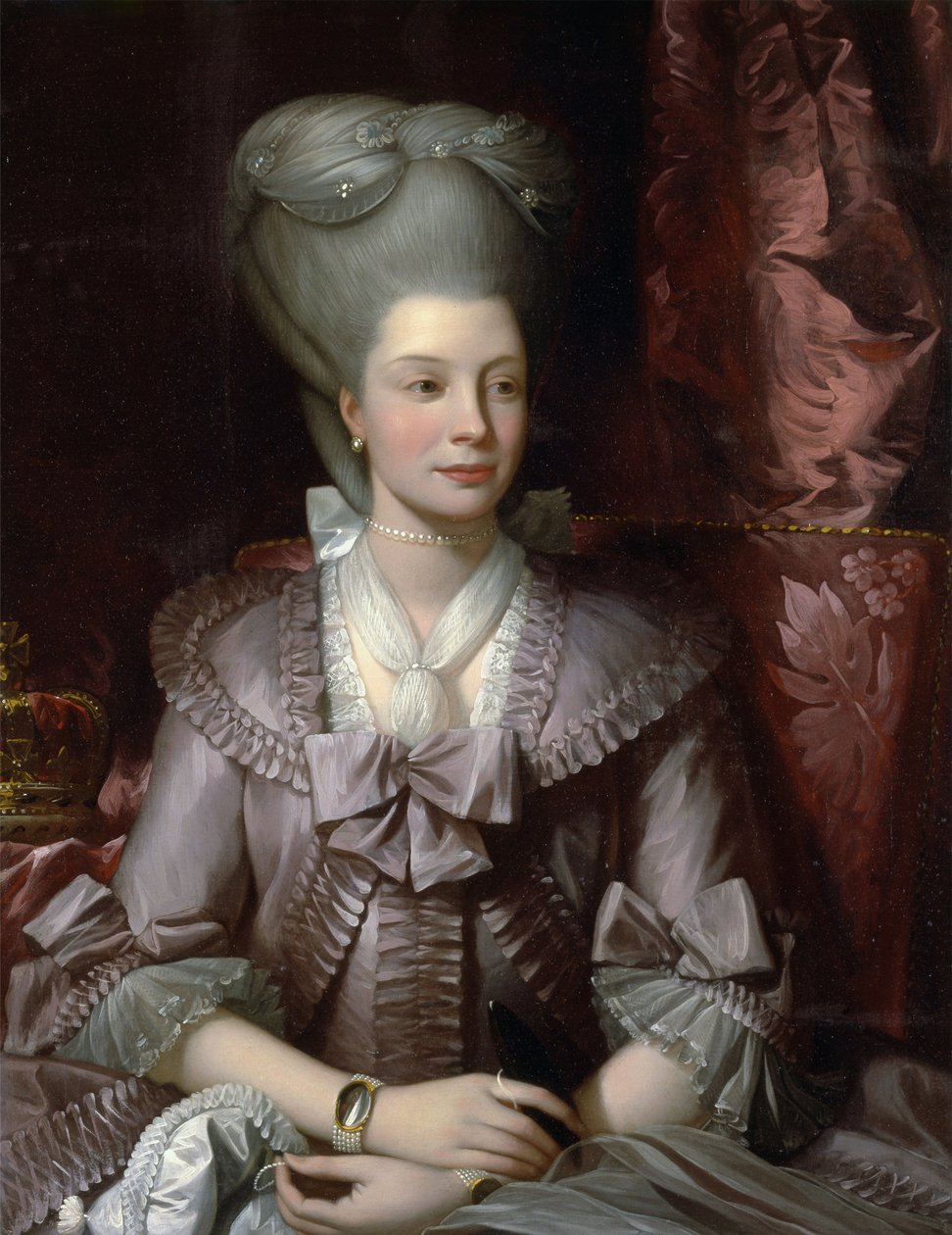 ""Dronning Charlotte (Sophia-Charlotte, Sophia Charlotte) av Mecklenburg Strelitz (1744-1818), kone til George III av England"" - piantering av West, Benjamin (1738-1820) Dronning Charlotte av Storbritannia (1744 -1818) ) Olje på lerret 1777 Yale Universi av Benjamin West