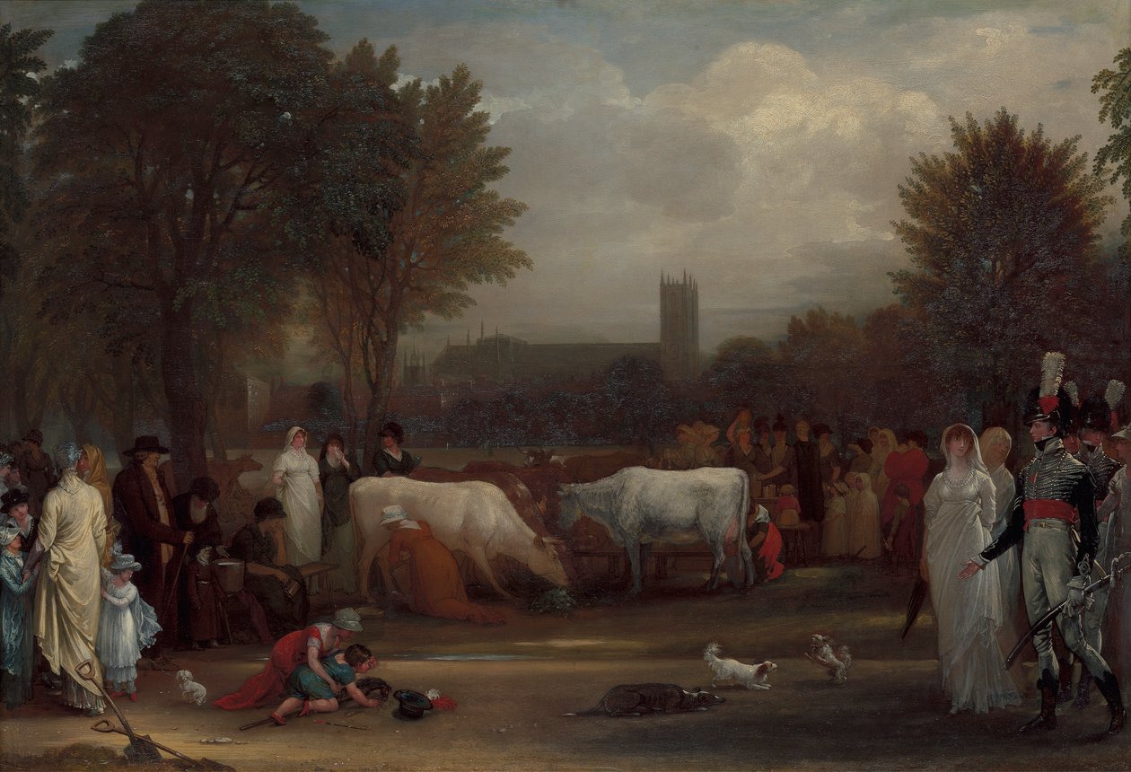 Milkmaids i St. James's Park, Westminster Abbey Beyond av Benjamin West
