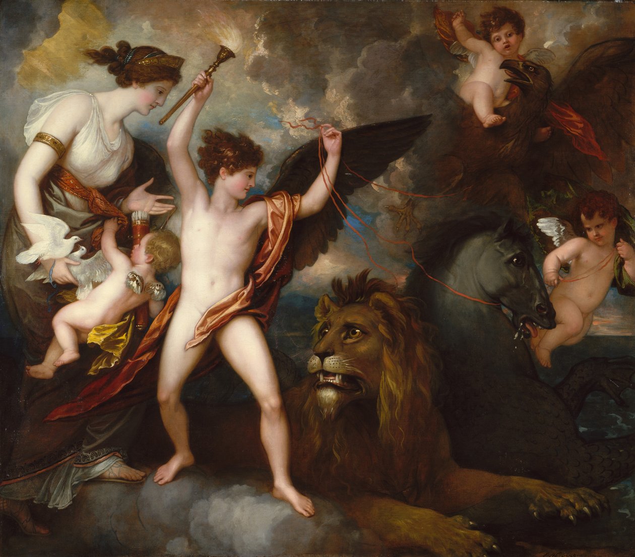 Omnia Vincit Amor, eller kjærlighetens kraft i de tre elementene av Benjamin West