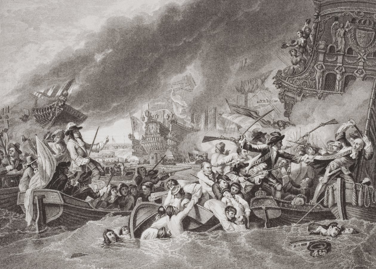 Slaget ved La Hogue, ødeleggelse av den franske flåten, 22. mai 1692, fra `Illustrasjoner av engelsk og skotsk historie