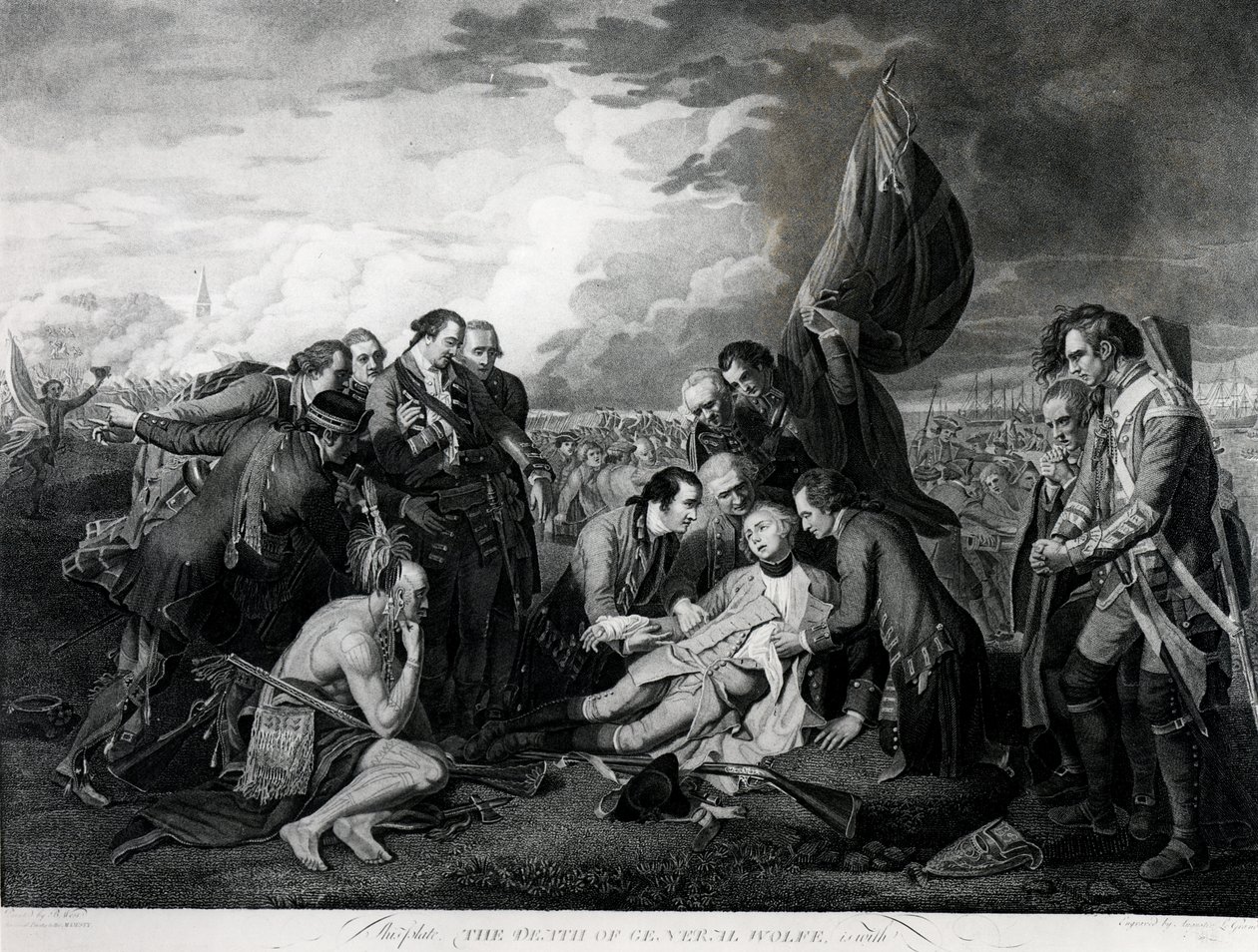 The Death of General Wolfe (1727-59) 1759, gravert av Augustin Legrand (gravering) (bundw-foto) (se også 105409, 124902 og 153197) av Benjamin West