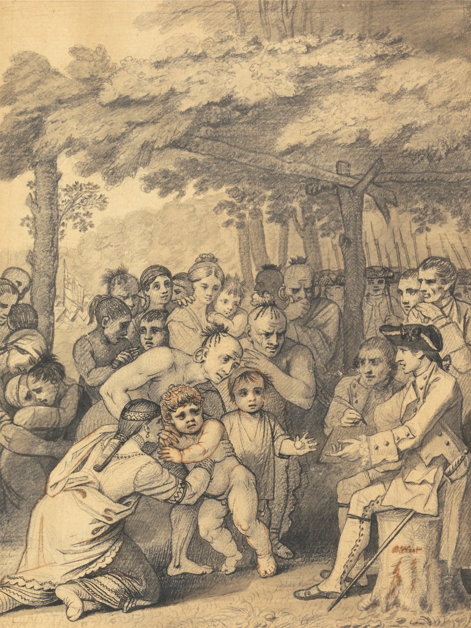 Indianerne leverer de engelske fangene til oberst Bouquet nær leiren hans hos folket i Muskingum i Nord-Amerika i november 1764, 1765 av Benjamin West