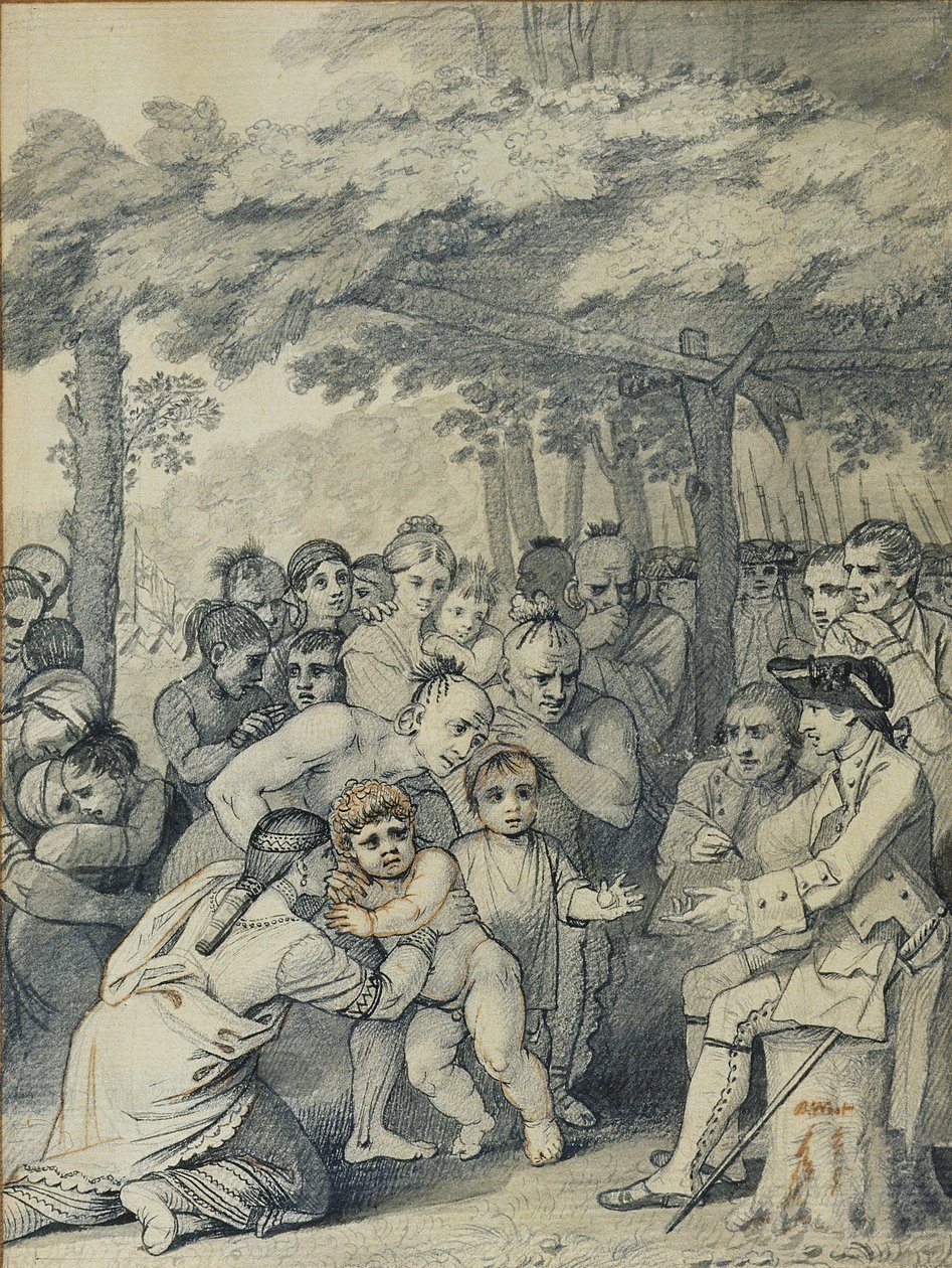 Indianerne leverer de engelske fangene til oberst Bouquet nær leiren hans hos folket i Muskingum, Nord-Amerika i november 1764, ca. 1769 (blekk og vask på papir) av Benjamin West