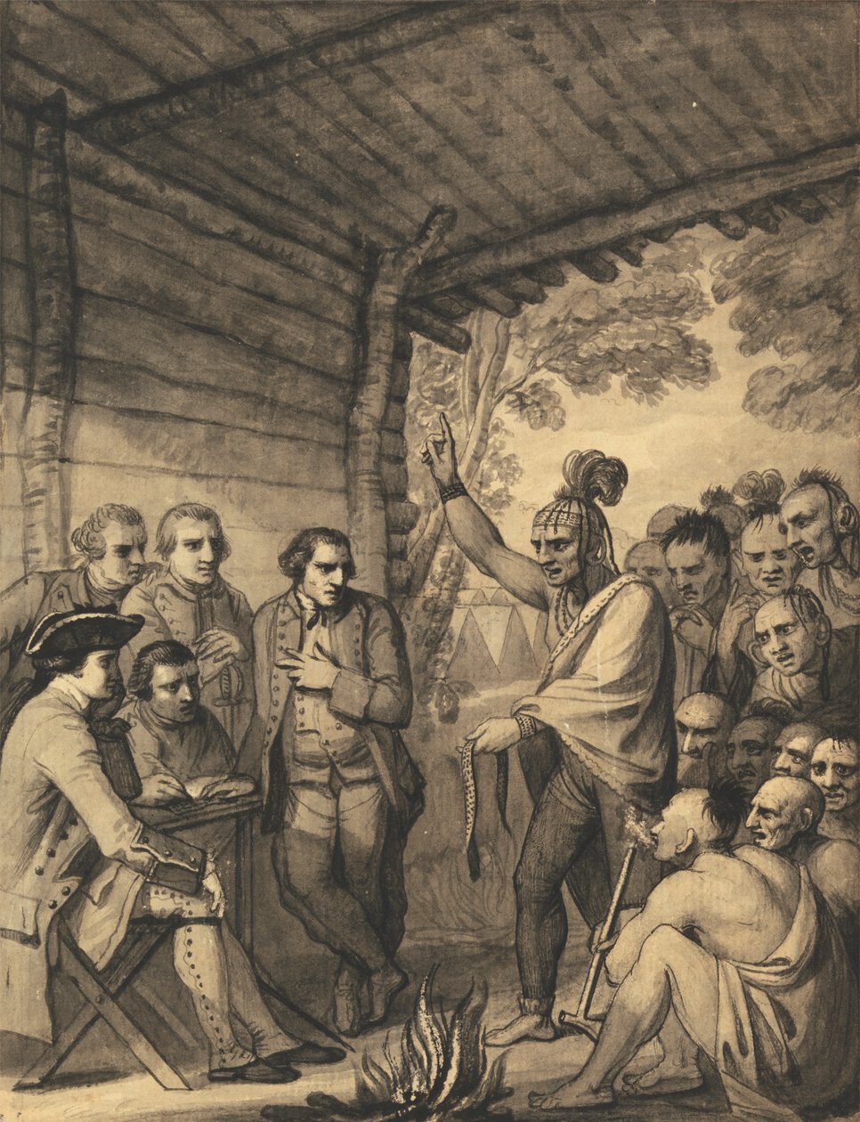 Indianerne holdt en tale med oberst Bouquet på en konferanse ved en rådsbrann nær leiren hans på bredden av Muskingum i Amerika, i oktober 1764, 1765 av Benjamin West