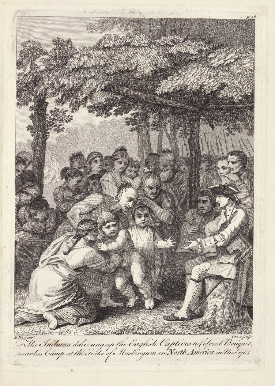 Indianerne leverte de engelske fangene til oberst Bouquet nær leiren hans ved Forks of Muskingham i Nord-Amerika i november 1764 av Benjamin West