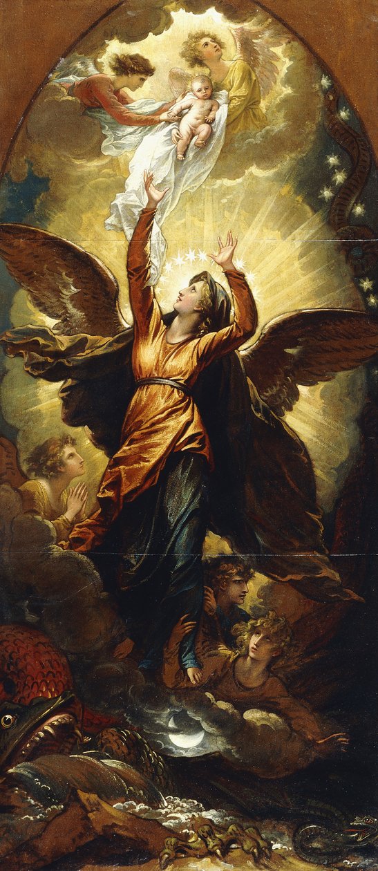 "Kvinnen kledd med solen flykter fra forfølgelsen av dragen", av Benjamin West
