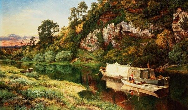 Et elvelandskap med en fisker som lager ålefeller av Benjamin Williams Leader