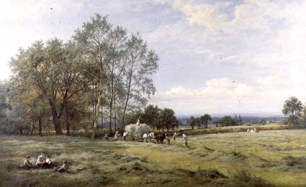 En engelsk Hayfield av Benjamin Williams Leader