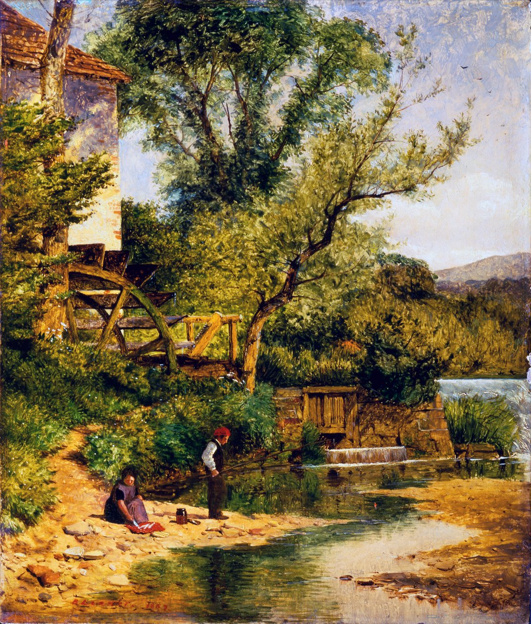 Fishing by the Mill (olje på lerret) av Benjamin Williams Leader