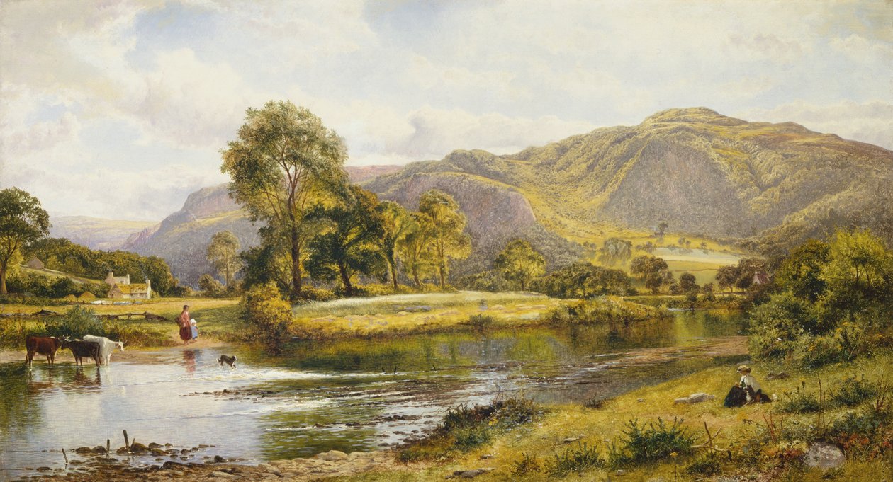 Ved elven Conwy, Nord-Wales (olje på lerret) av Benjamin Williams Leader