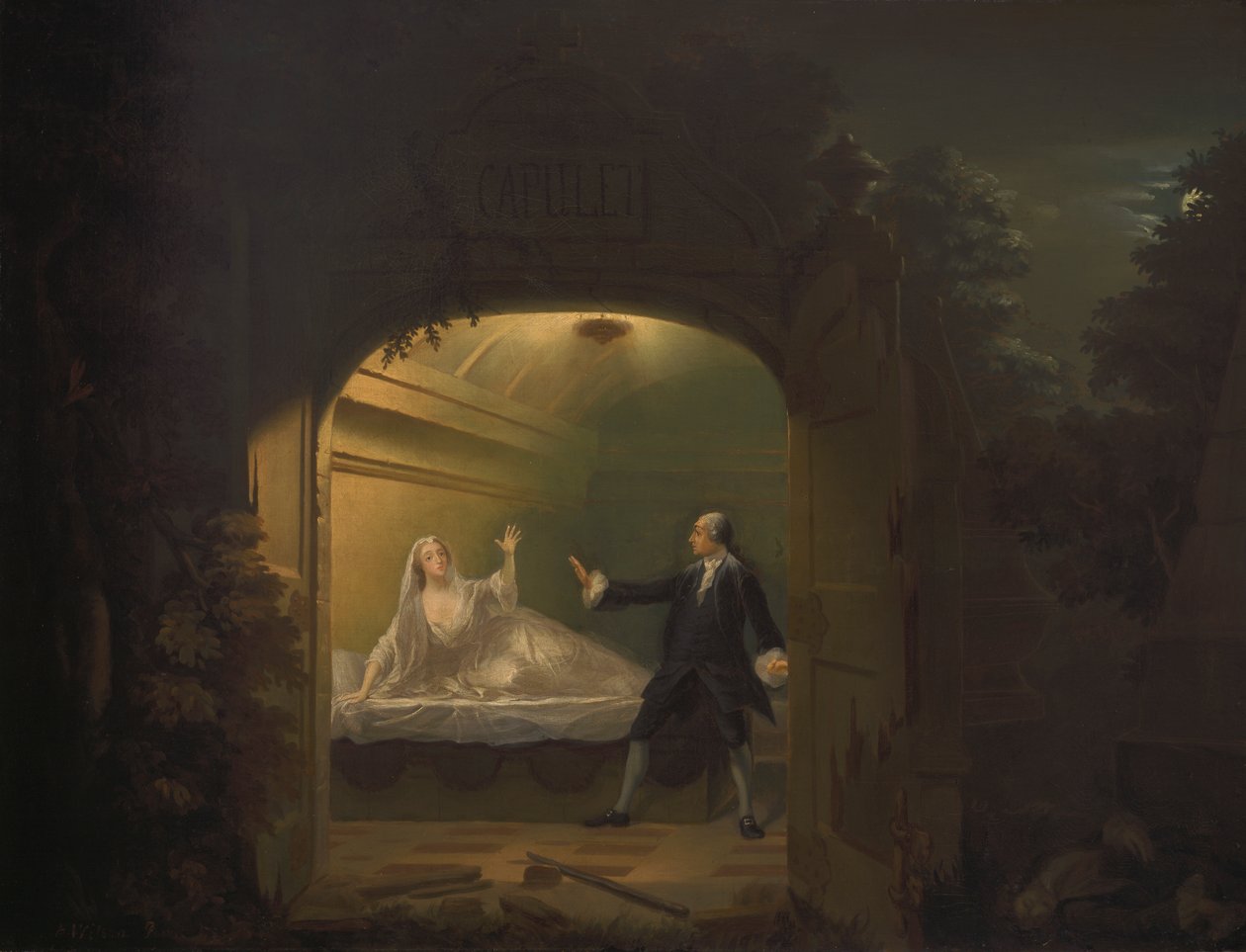 David Garrick og George Anne Bellamy i "Romeo and Juliet", akt V, Scene iii av Benjamin Wilson