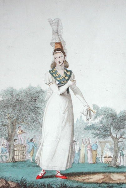 En Cauchoise i tradisjonell drakt for festdager, gravert av Gatine ca. 1830 (farge litho) av Benoit (after) Pecheux