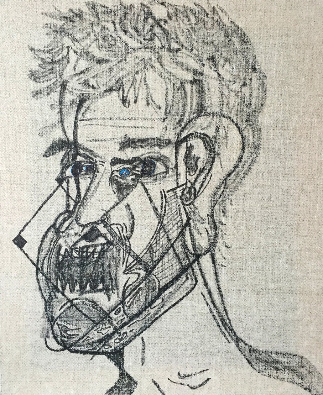 Selvportrett med hevet hånd, 2017 (olje på lerret) av Benoit Erwann Boucherot