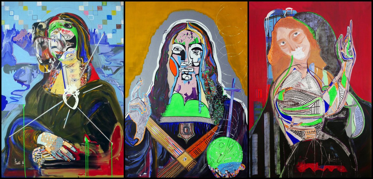 Triptych etter Leonardo da Vinci, 2019 (olje, papir og akryl på 3 sidestilte lerret) av Benoit Erwann Boucherot