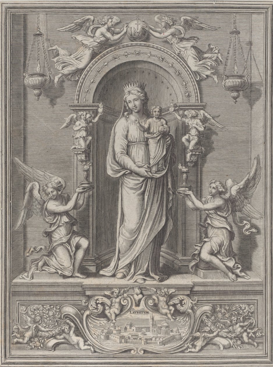 Madonna av Loreto, innenfor en nisje med en engel på hver side, 1650-1724. av Benoît Farjat