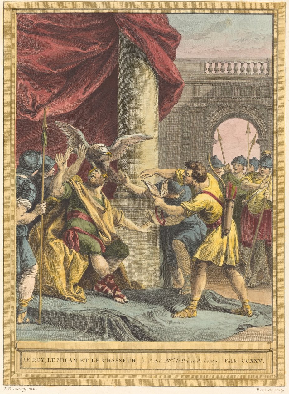 Kongen, dragen og jegeren av Benoît Louis Prévost after Jean Baptiste Oudry