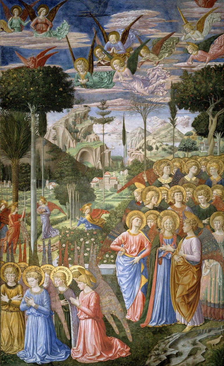Engler i et himmelsk landskap, den høyre veggen til apsis, fra Journey of the Magi-syklus i kapellet, ca. 1460 av Benozzo di Lese di Sandro Gozzoli