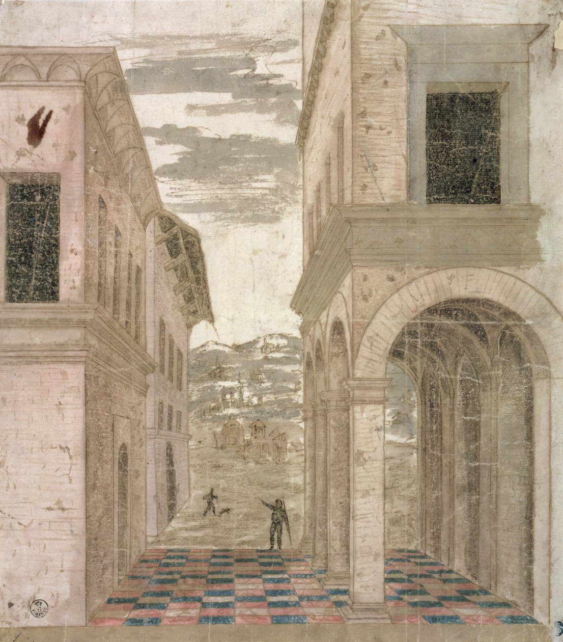 Architectural Capriccio, en studie i perspektiv (penn og blekk med vask på papir) av Benozzo di Lese di Sandro Gozzoli