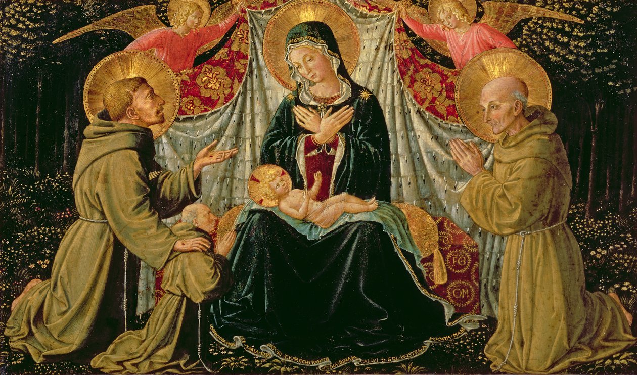Madonna og barn med St. Francis og giveren Fra Jacopo da Montefalco (til venstre) og St. Bernardino av Siena (til høyre), ca. 1452 (panel) av Benozzo di Lese di Sandro Gozzoli