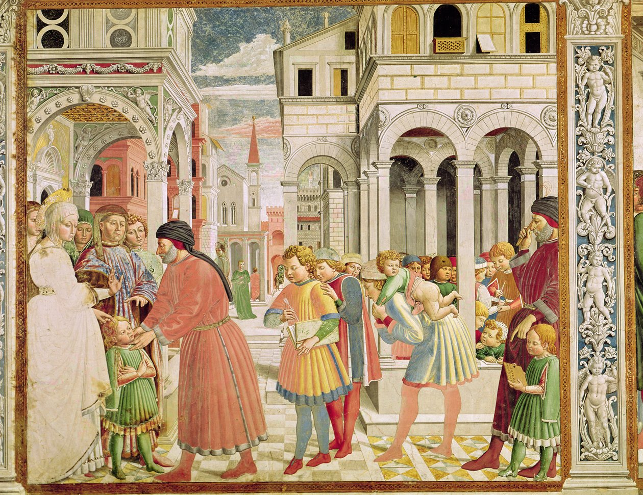 St. Augustine ledes av foreldrene ved School of Tagaste, fra St. Augustins liv, 1464-65 av Benozzo di Lese di Sandro Gozzoli