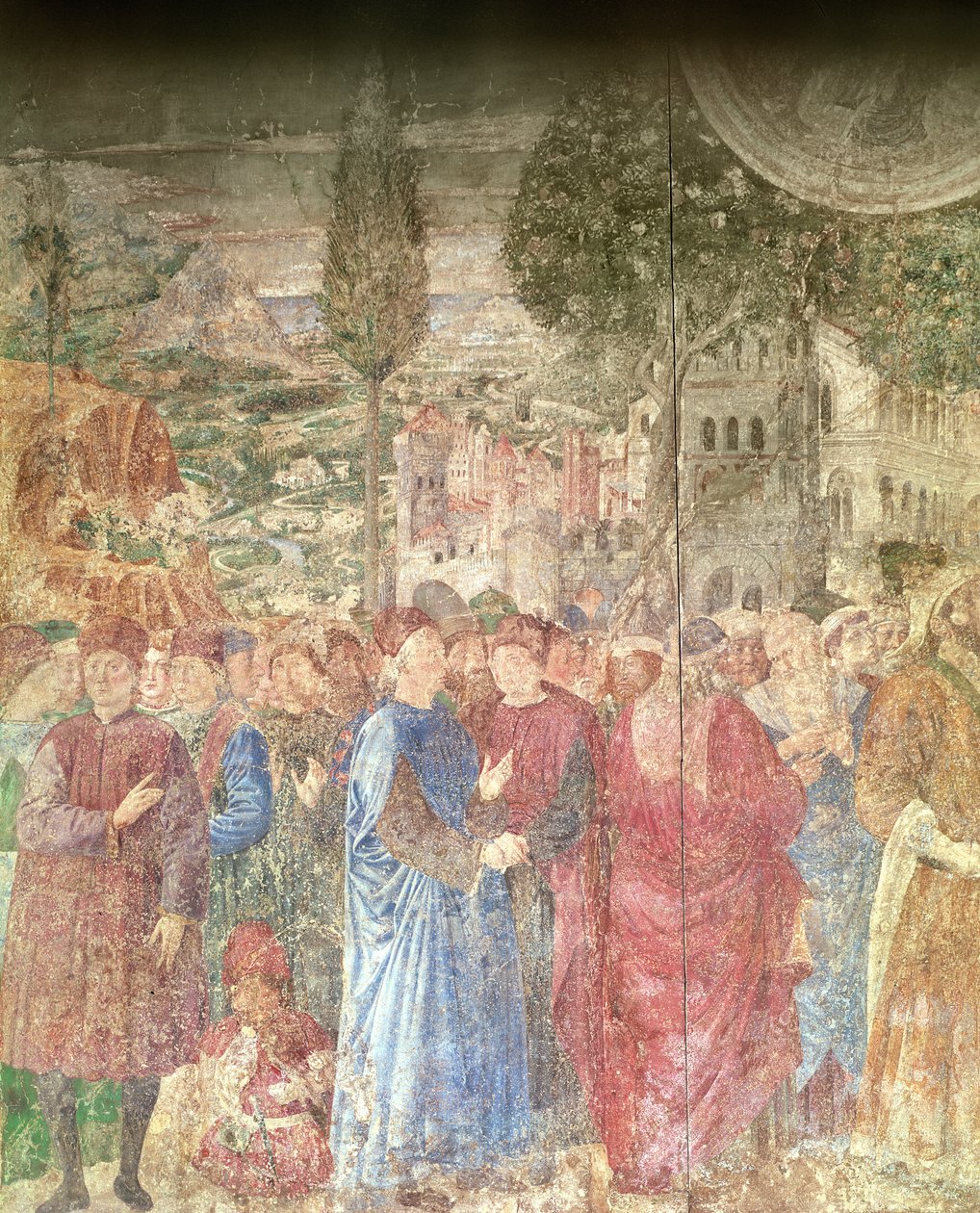 The Building of the Tower of Babel, detalj av huset til Medicis som kartlegger byggearbeidet, freskomaleri fra 1468-84 av Benozzo di Lese di Sandro Gozzoli