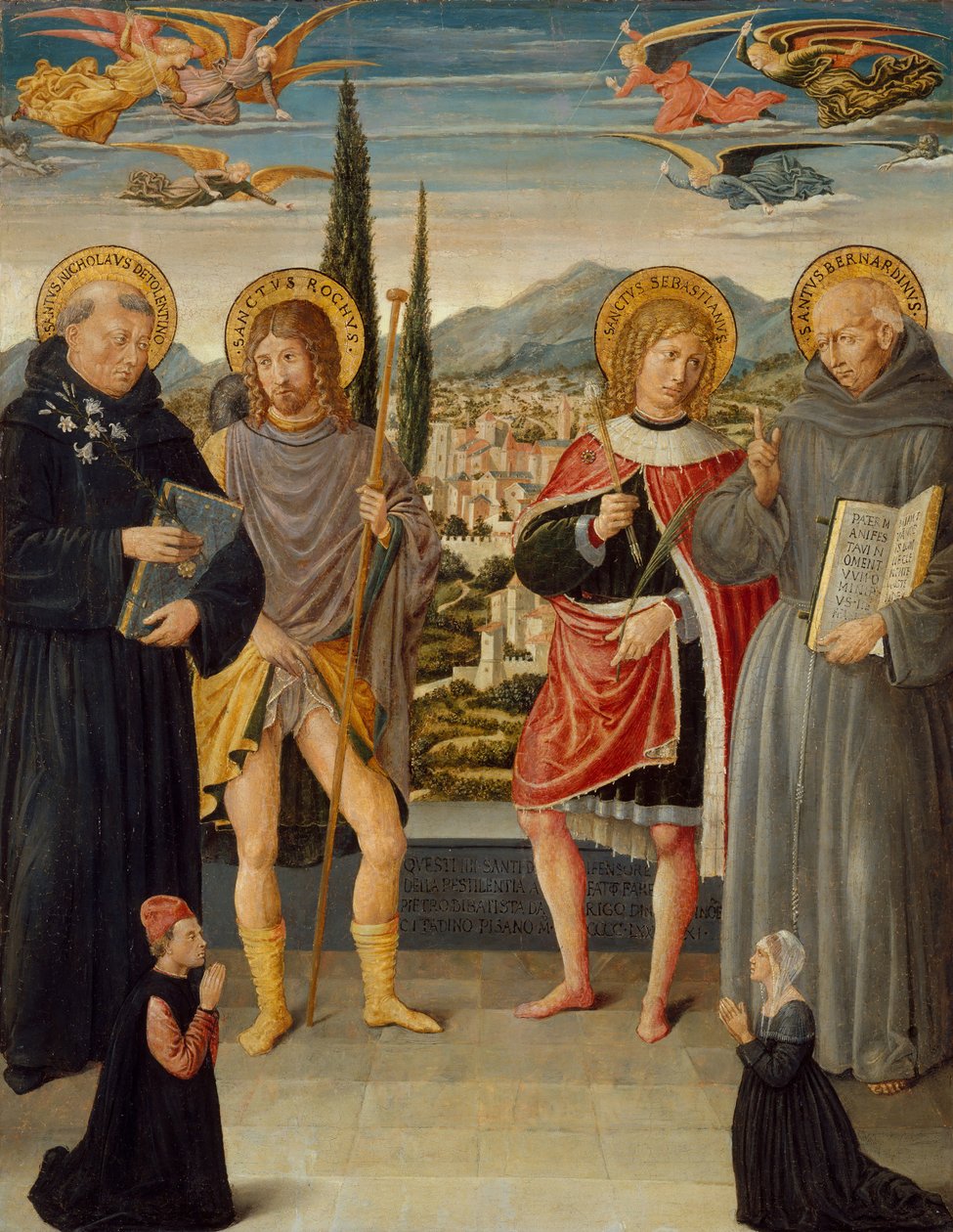 De hellige Nicholas av Tolentino, Roch, Sebastian og Bernardino av Siena..., 1481. av Benozzo Gozzoli