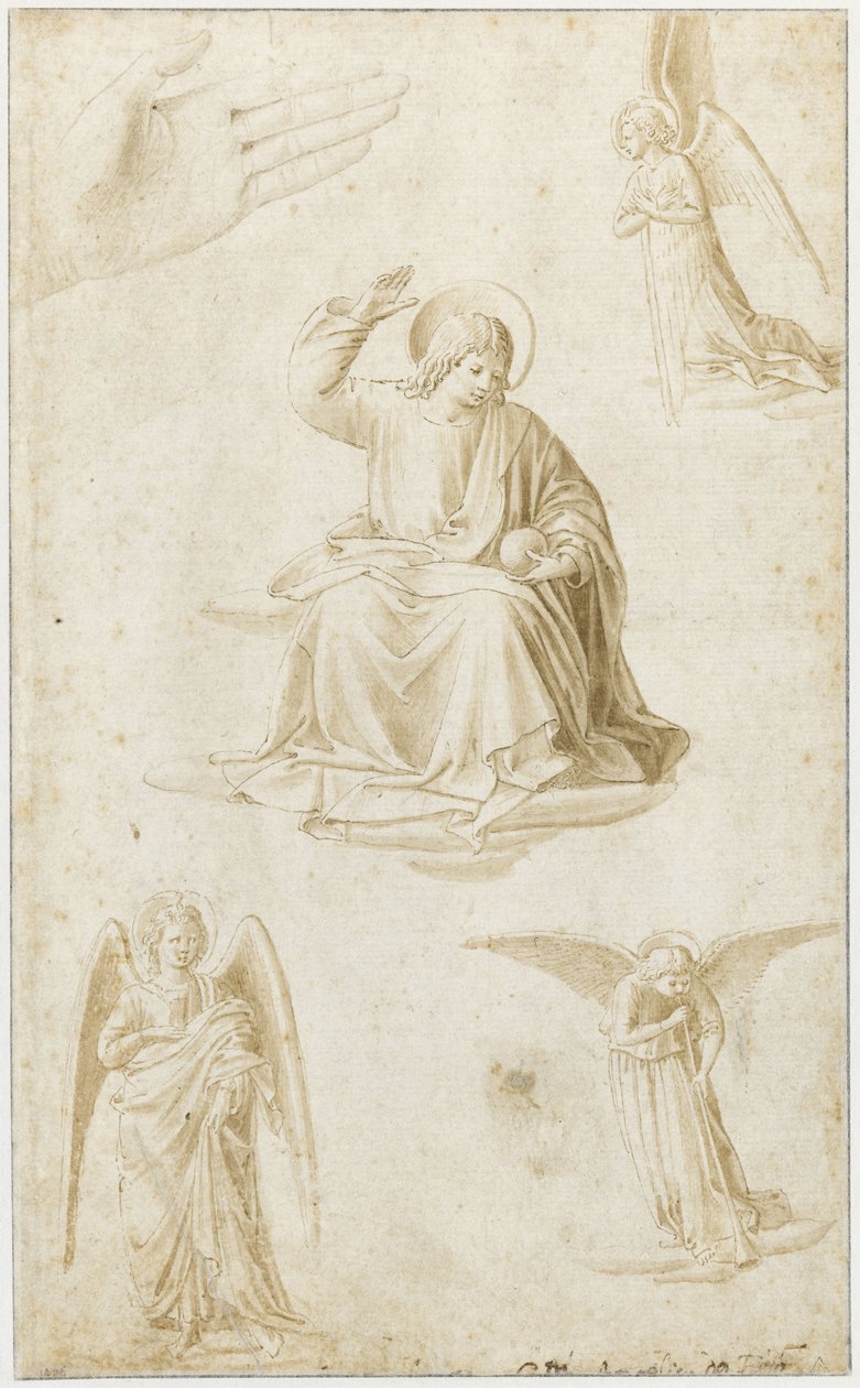 Studier av en hånd, tre engler og Kristus som Salvator Mundi, andre halvdel av 1400-tallet av Benozzo Gozzoli