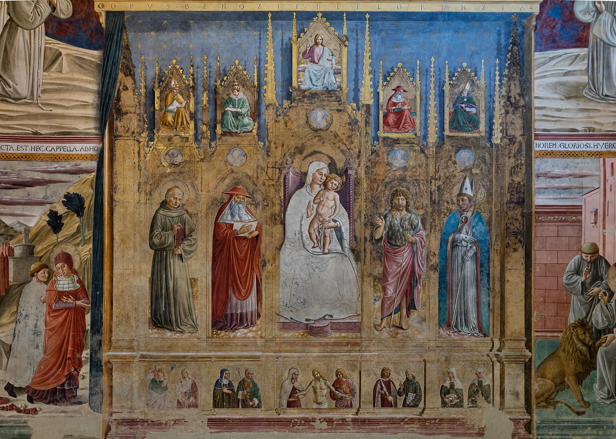 En falsk polyptyk med Jomfru Maria og barnet, S. Antonius av Padua, St. Hieronymus, St. Johannes og St. Louis av Toulouse, St. Hieronymus kapell av Benozzo di Lese di Sandro Gozzoli