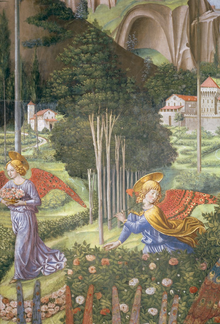 Engel samler blomster i et himmelsk landskap, detalj fra Journey of the Magi-syklusen i kapellet, ca. 1460 freskomaleri av 70615 av Benozzo di Lese di Sandro Gozzoli