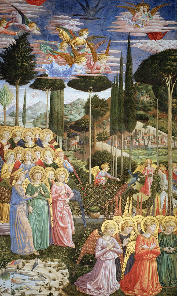 Engler i et himmelsk landskap, den venstre veggen til apsis, fra Journey of the Magi-syklus i kapellet ca. 1460 (for detaljer se 83051) av Benozzo di Lese di Sandro Gozzoli