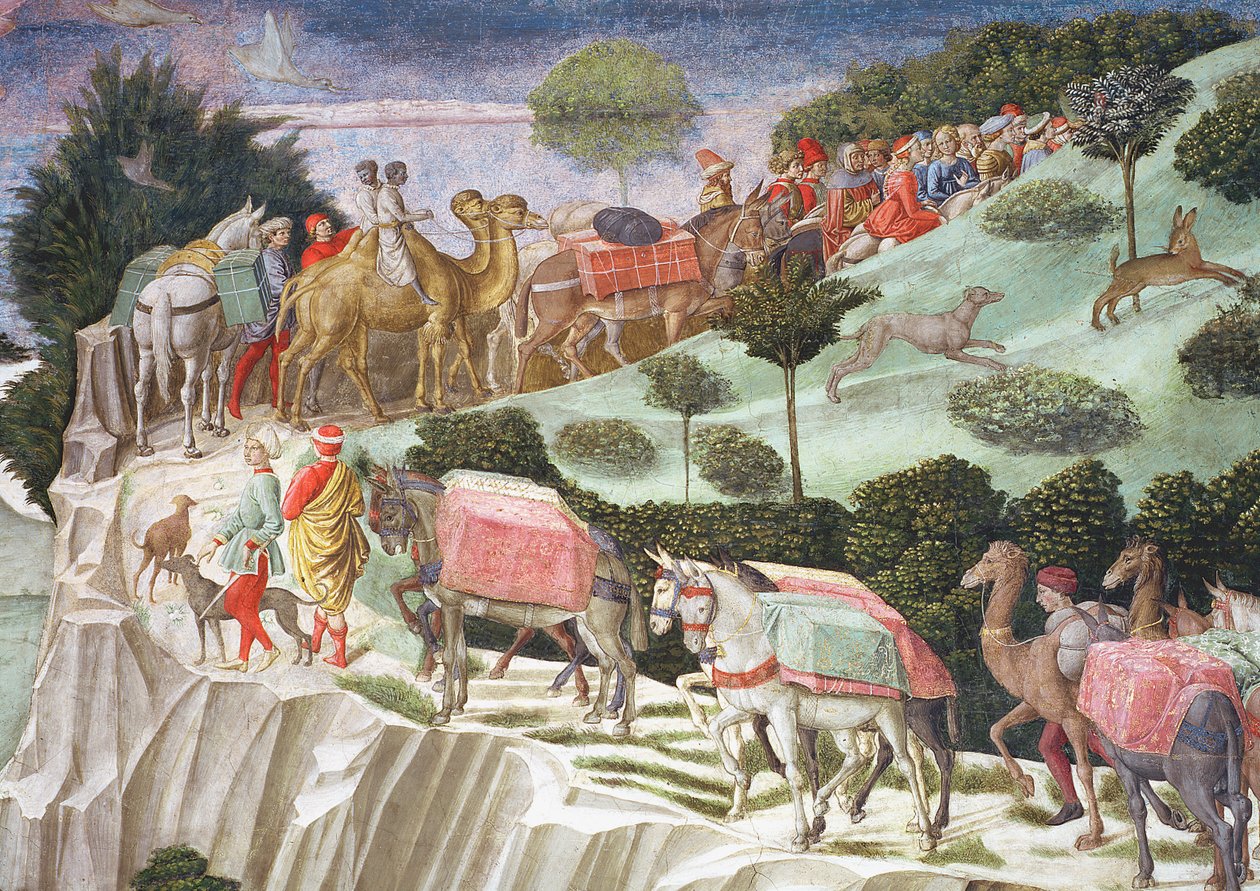 Karavane med flokkdyr som klatrer en bakke, detalj fra Journey of the Magi-syklusen i kapellet, ca. 1460 freskomaleri av 70601 av Benozzo di Lese di Sandro Gozzoli