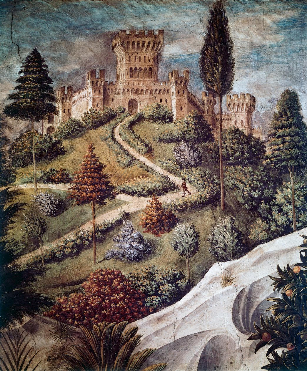 Slott, landskapsdetalj fra prosesjonen til magiene av Benozzo di Lese di Sandro Gozzoli