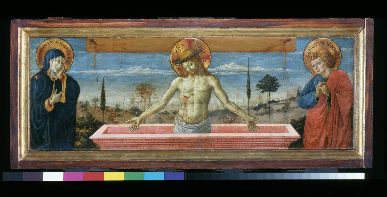 Kristus i fromhet mellom Jomfruen og St. Johannes, ca. 1450 av Benozzo di Lese di Sandro Gozzoli