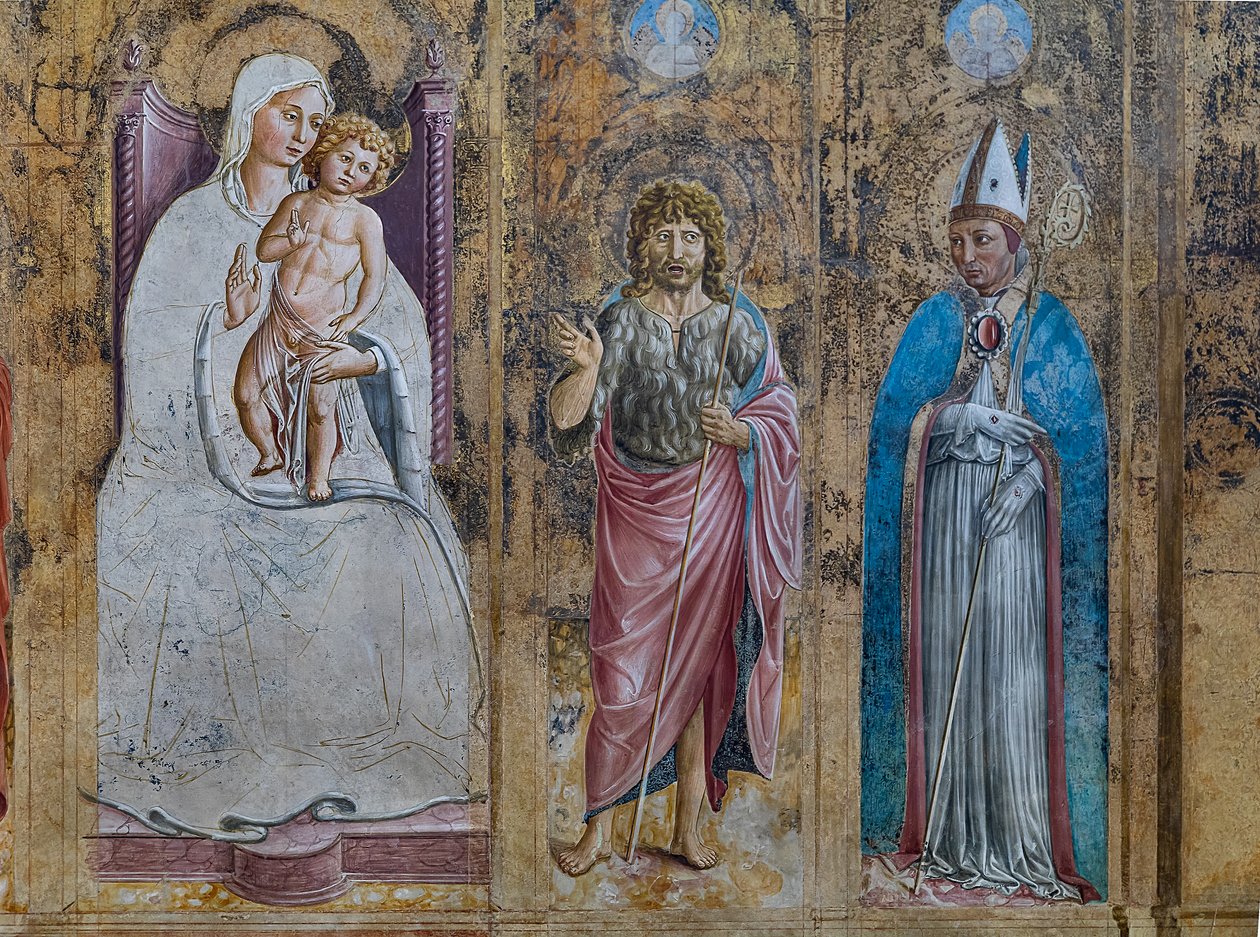 Detalj av en falsk polyptyk med Jomfru Maria og barnet, S. Anthony av Padua, St. John og St. Louis av Toulouse, kapellet St. Jerome av Benozzo di Lese di Sandro Gozzoli