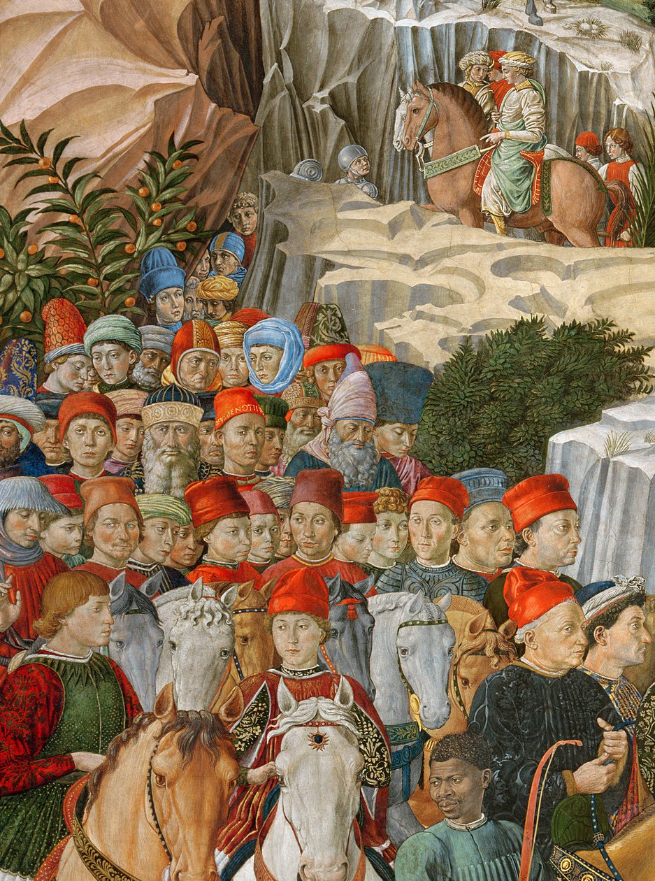 Ansikter i prosesjonen, inkludert et selvportrett av Gozzoli (iført en rød hette med gullinskripsjonen: Opus Benotii), detalj fra Journey of the Magi-syklusen i kapellet, ca. 1460 (d. av Benozzo di Lese di Sandro Gozzoli