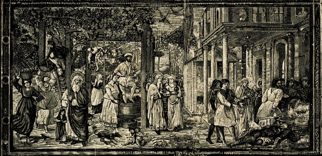 Grape Harvest and Drunkenness of Noah, freskomaleri av Benozzo Gozzoli (ca. 1421-1497), Camposanto Monumentale (Monumental Cemetery), Pisa, Toscana, Italia, tresnitt fra Le cento città d'Italia (Hundre italienske byer) av Benozzo di Lese di Sandro Gozzoli