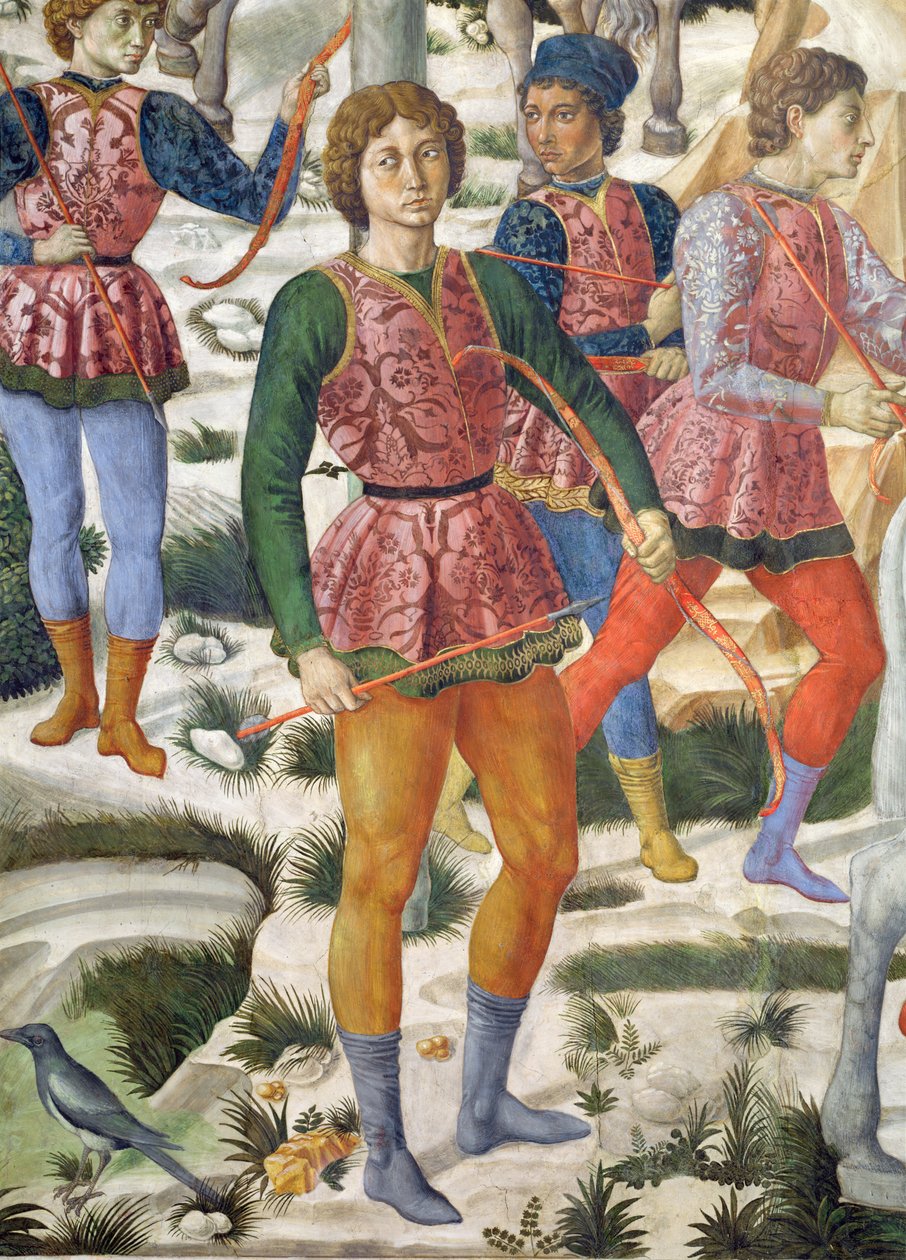 Liveried bueskyttere, detalj fra Journey of the Magi-syklusen i kapellet, ca. 1460 freskodetalj av 70630 av Benozzo di Lese di Sandro Gozzoli