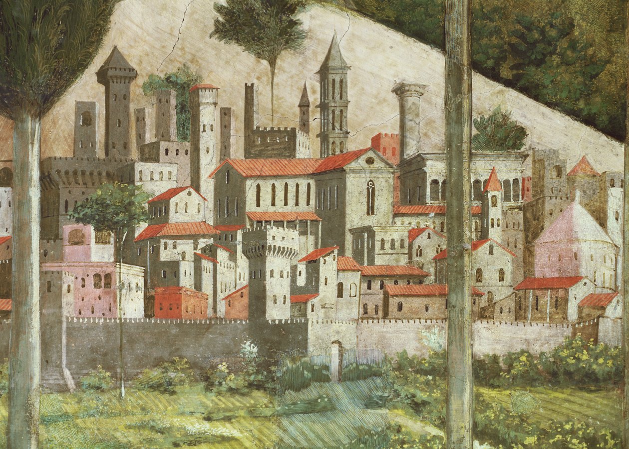 Middelalderby, detalj fra Journey of the Magi-syklus i kapellet, ca. 1460 freskomaleri fra 70610 av Benozzo di Lese di Sandro Gozzoli