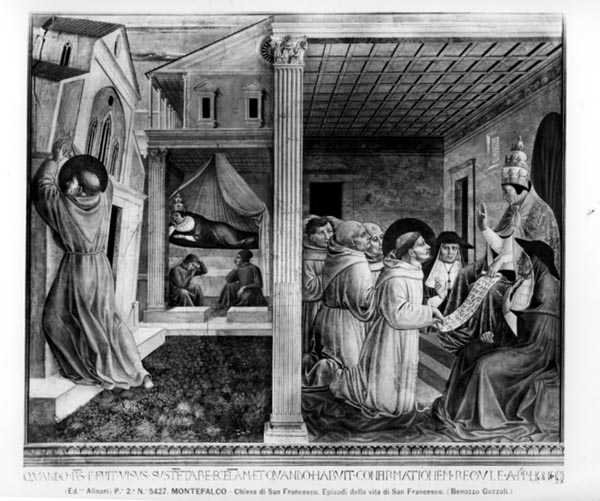 Pave Innocent III godkjenner regelen (fresco) (s/hvitt-bilde) av Benozzo di Lese di Sandro Gozzoli