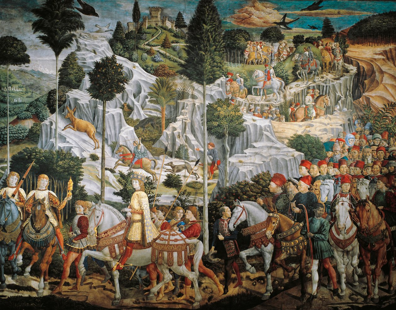 Prosesjon av Magi Kings til Betlehem, av Benozzo Gozzoli (1420-1497), freskomaleri, tempera og olje på veggen, kapellet Palazzo Medici Riccardi, Firenze av Benozzo di Lese di Sandro Gozzoli