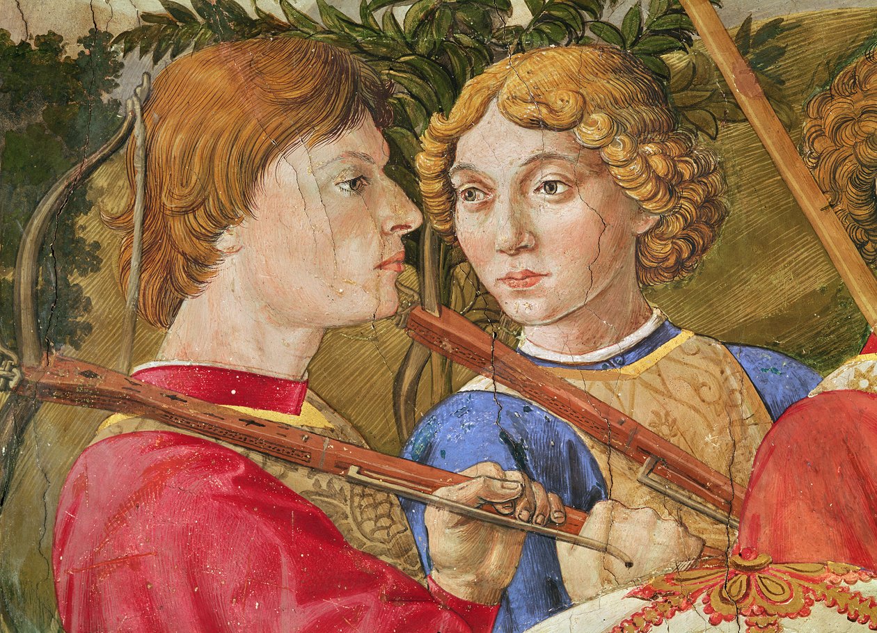 Procession of the Magi, prosesjon ledet av Lorenzo the Magnificent i form av Magus Caspar, detalj av hodene til to armbrøstskyttere, 1459-1462 av Benozzo di Lese di Sandro Gozzoli