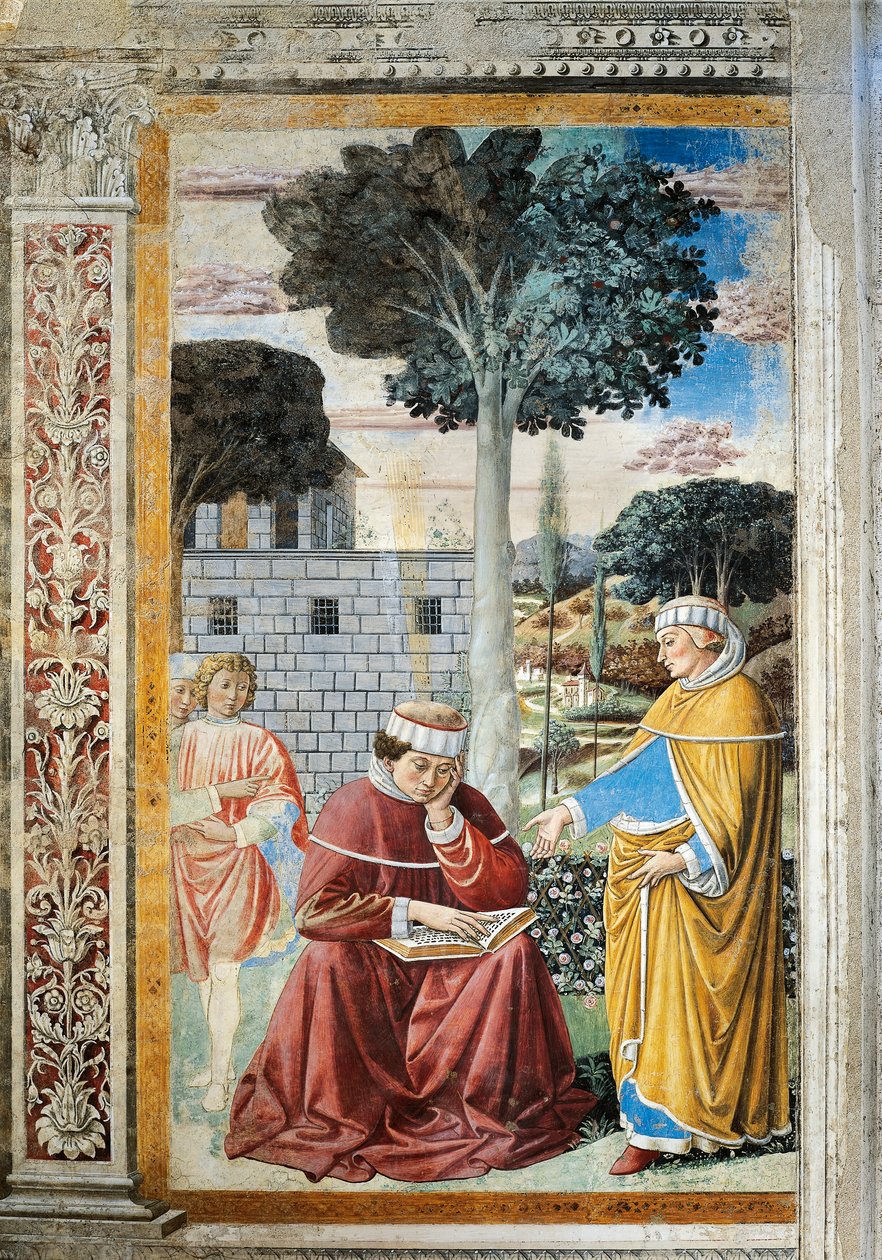 St. Agostino leser St. Pauls brev, detalj fra Stories of St. Augustine av Benozzo di Lese di Sandro Gozzoli