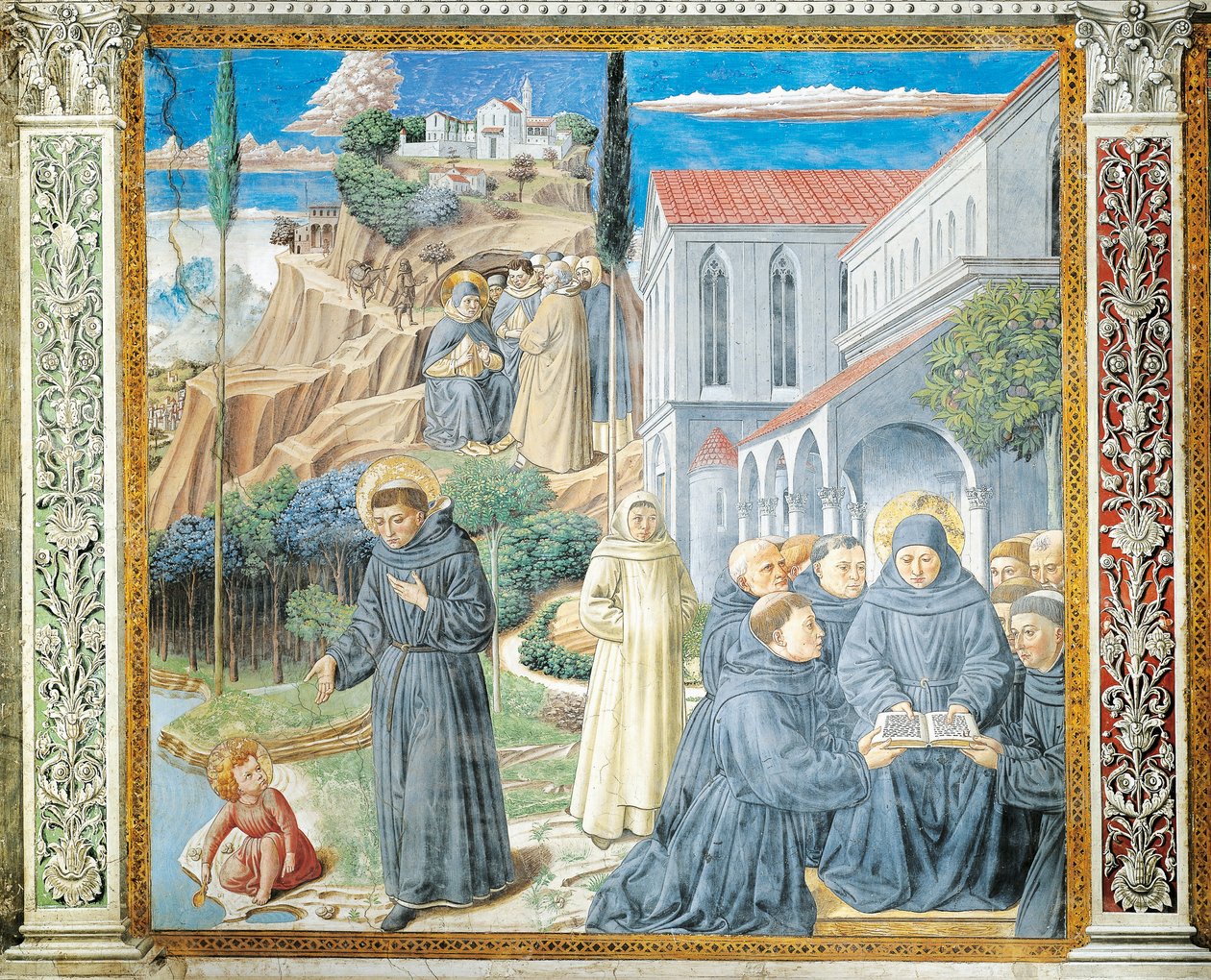 St. Augustine gir herredømme til munker og snakker med Jesusbarnet om den hellige treenighet, detalj fra Stories of St. Augustine av Benozzo di Lese di Sandro Gozzoli