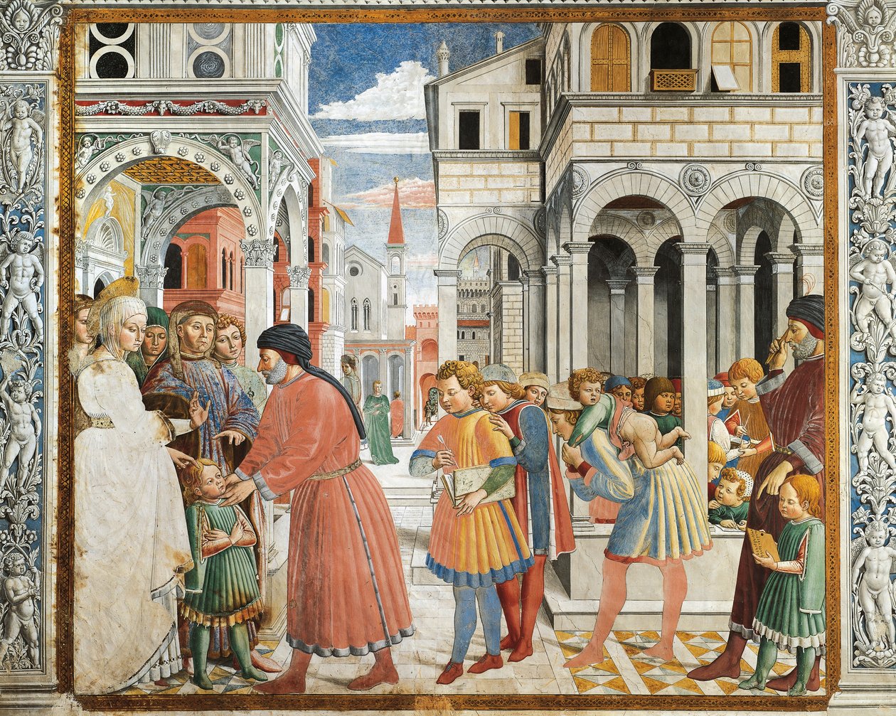 St Augustine tatt av foreldrene til grammatikklærer ved Tagaste, av Benozzo Gozzoli (1420-1497), freskomaleri, St. Augustine-kirken, San Gimignano (UNESCOs verdensarvliste av Benozzo di Lese di Sandro Gozzoli