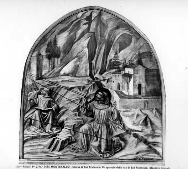 St. Francis mottar Stigmata (fresco) (s/hvitt-bilde) av Benozzo di Lese di Sandro Gozzoli