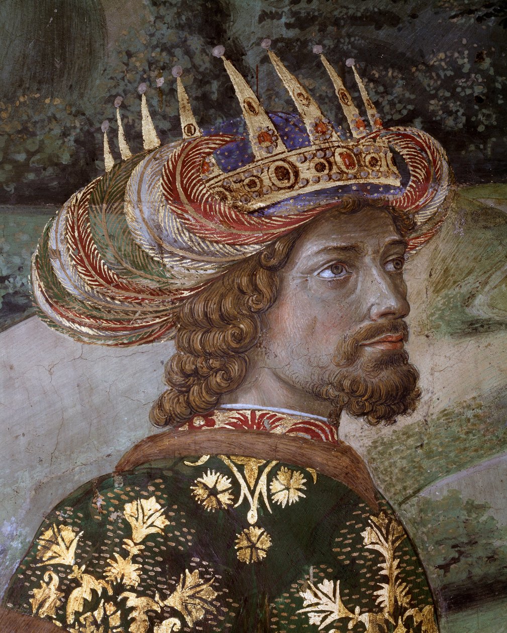 The Journey of the Magi Cortege of the Magi of Jerusalem to Betlehem kaller på italiensk "Viaggio dei Magi" eller "Cavalcata dei Magi" Detalj av Balthasar under trekkene til John VIII paleolog, bysantinsk keiser (John VII Palaiologos (eller Palaeologus)) F av Benozzo di Lese di Sandro Gozzoli