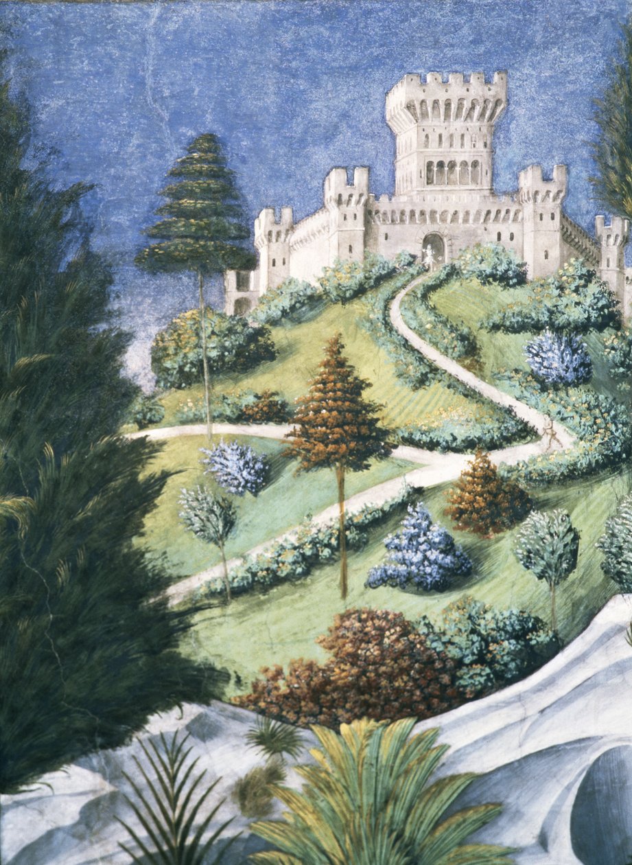 Stien som fører opp til et slott, fra the Journey of the Magi, 1459 freskomaleri av 636 av Benozzo di Lese di Sandro Gozzoli