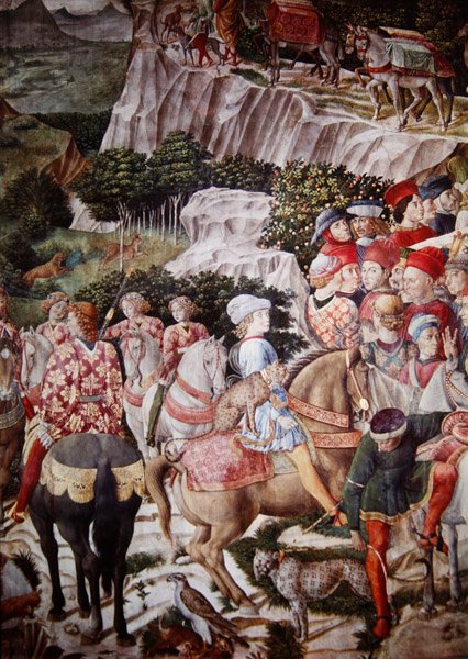 The Procession of the Magi, detalj av ridderen med en leopard i prosesjonen til Melchior, ca. 1460 (detalj av 70601) av Benozzo di Lese di Sandro Gozzoli