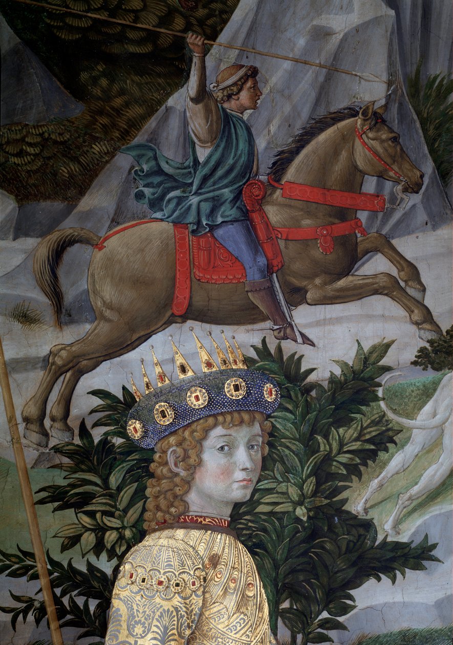 The Voyage of the Magi Cortege des rois mages de Jerusalem a Bethleem kaller på italiensk "Viaggio dei Magi" eller "" Cavalcata dei Magi" Detalj av den unge magikeren i ansiktet til Laurent den Storslåtte (Laurent de Medici) (Prosesjonen av Magi, detalj av av Benozzo di Lese di Sandro Gozzoli